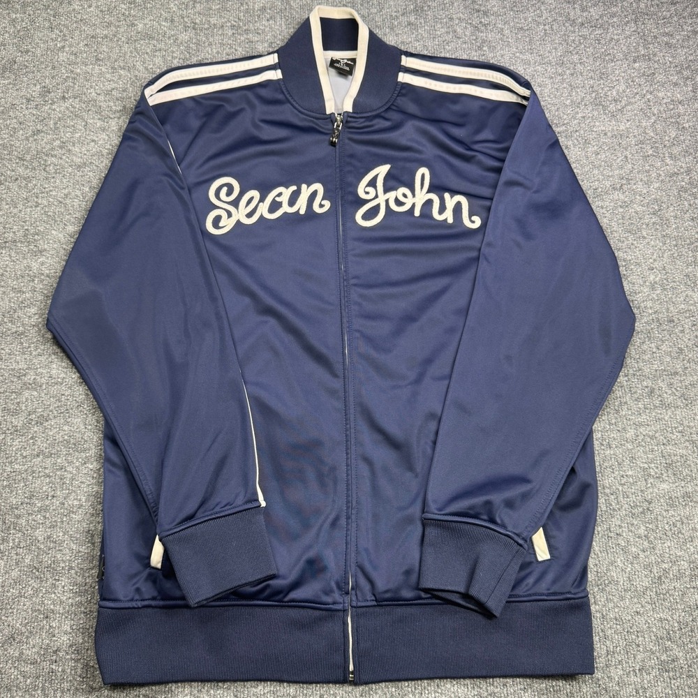 Sean John Track Jacket‎ Mens L Blue Full Zip Script Logo Striped